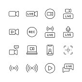 Live Streaming Line Icons. Editable Stroke. Pixel Perfect. For Mobile and Web. Contains such icons as Live, Web Streaming, Video Streaming, Broadcasting, Podcast, Television, Sport, Device Screen, Film and Movie, Social Media, Influencer, Device Screen.