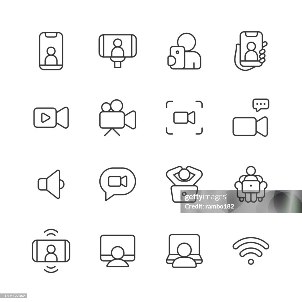 Icônes de ligne de streaming vidéo. Course modifiable. Pixel Parfait. Pour mobile et Web. Contient des icônes telles que Live, Web Streaming, Video Streaming, Broadcasting, Podcast, Television, Sport, Device Screen, Film and Movie, Social Media, Influen