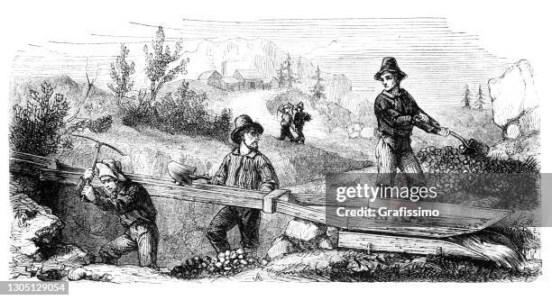 man digging for gold in mine san francisco california usa 1862 - panning stock illustrations