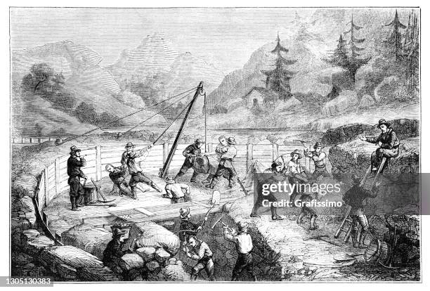 man digging for gold on riverbank at mine san francisco california usa 1862 - gold rush stock illustrations