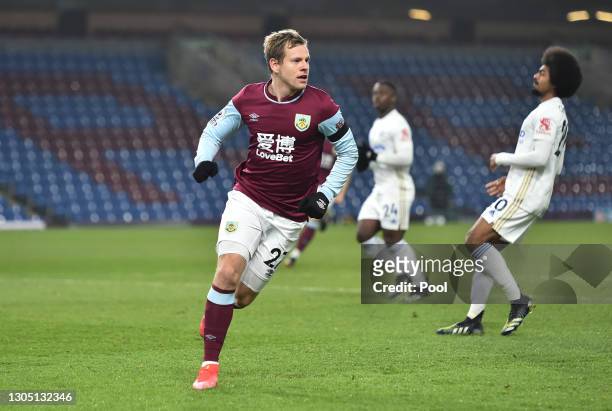 Matej Vydra of Burnley celebrates after scoring their side's first goal during the Premier League match between Burnley and Leicester City at Turf...