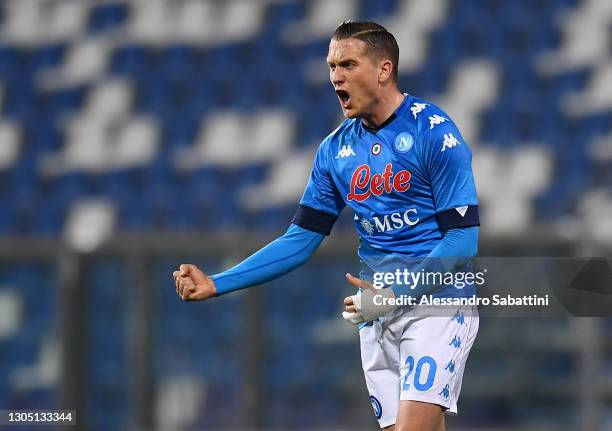 Piotr Zielinski of Napoli celebrates after scoring their team's first goal during the Serie A match between US Sassuolo and SSC Napoli at Mapei...