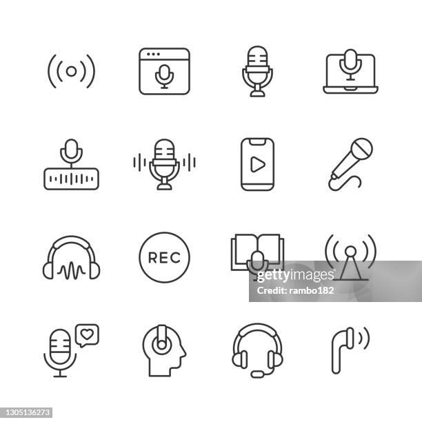 bildbanksillustrationer, clip art samt tecknat material och ikoner med ikoner för podcastraden. redigerbar linje. pixel perfekt. för mobil och webb. innehåller sådana ikoner som radio, live podcast, mikrofon, ljud, ljud, röst, talande, underhållning, influencer, spela musik, intervju, sociala medier, hörlurar, talk sho - listening