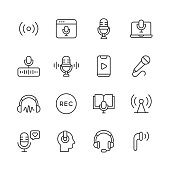 Podcast Line Icons. Editable Stroke. Pixel Perfect. For Mobile and Web. Contains such icons as Radio, Live Podcast, Microphone, Audio, Sound, Voice, Speaking, Entertainment, Influencer, Playing Music, Interview, Social Media, Headphones, Talk Show.