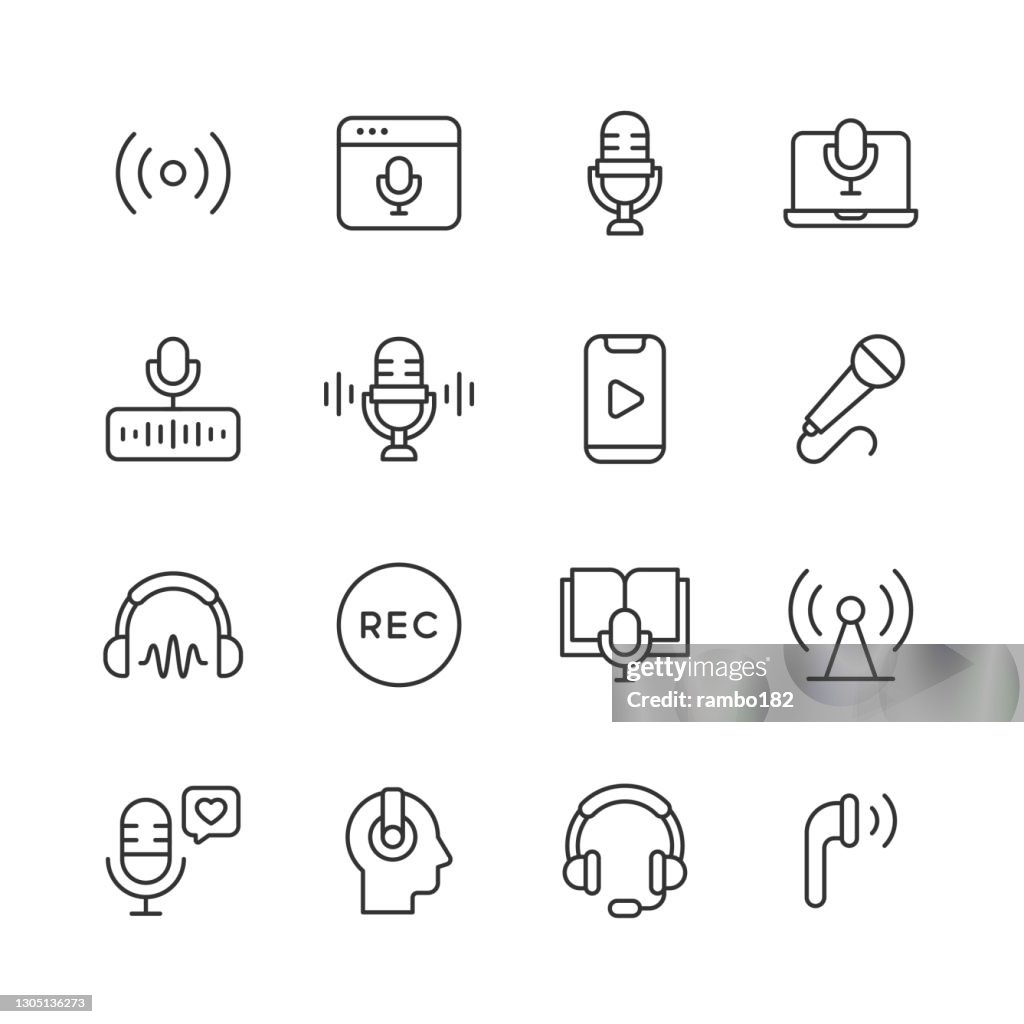 Podcast Line Icons. Editable Stroke. Pixel Perfect. For Mobile and Web. Contains such icons as Radio, Live Podcast, Microphone, Audio, Sound, Voice, Speaking, Entertainment, Influencer, Playing Music, Interview, Social Media, Headphones, Talk Show.