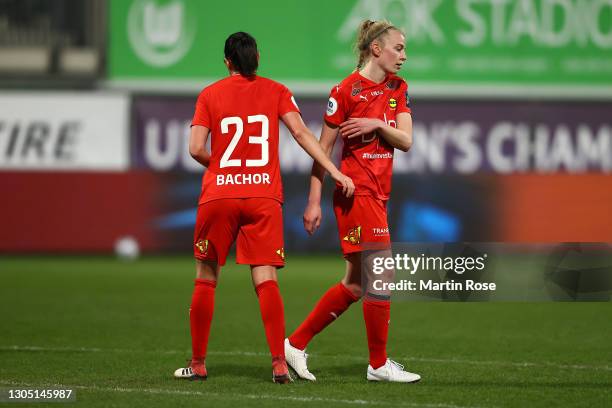 Isabelle Bachor and Ina Gausdal of LSK Kvinner look dejected during the Women's UEFA Champions League Round of 16 match between VfL Wolfsburg and LSK...