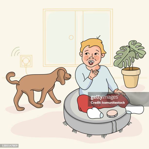 robot vacuum cleaner cleaning the room, vector illustration - smart home cartoon stock illustrations