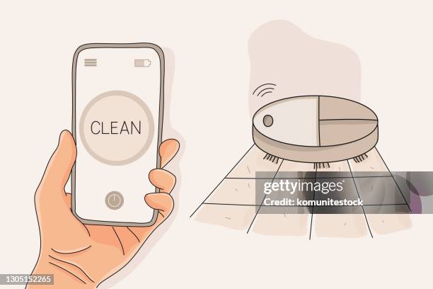 robot vacuum cleaner cleaning the room, vector illustration - smart home cartoon stock illustrations