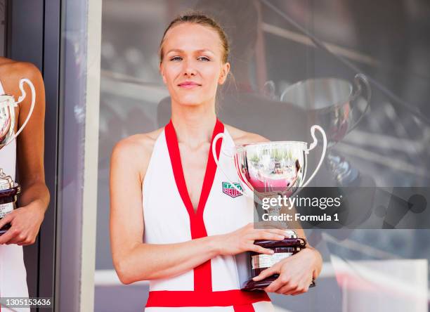 Formula 2 Series .Monte Carlo, Monaco..Friday 25 May 2018..Grid girls with the trophies..