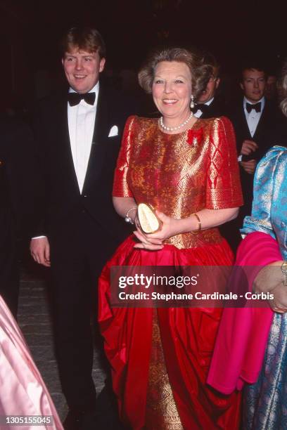 Queen Beatrix of the Netherlands and son Willem-Alexander of the Netherlands attend the reception on the eve of the wedding of Infanta Elena, Duchess...