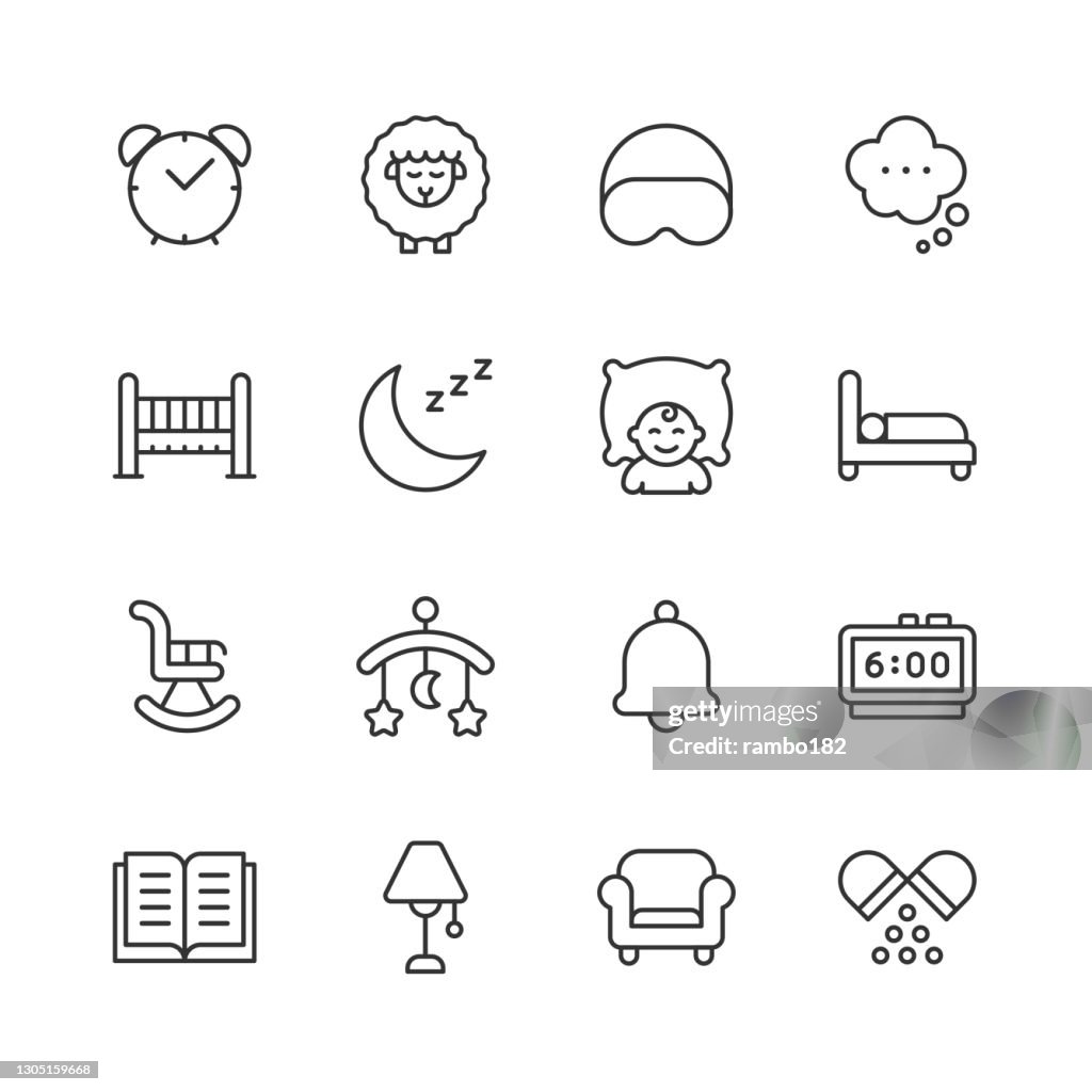 Iconos de línea de suspensión. Trazo editable. Pixel Perfecto. Para móviles y web. Contiene iconos como Luna, Cama, Estrella, Noche, Almohada, Bebé, Despertador, Hotel, Hostal, Cama Doble, Dormir, Ovejas, Libro.