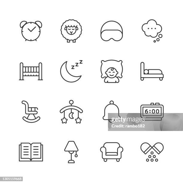 sleep line icons. editable stroke. pixel perfect. for mobile and web. contains such icons as moon, bed, star, night, pillow, baby, alarm clock, hotel, hostel, double bed, sleeping, sheep, book. - mattress stock illustrations