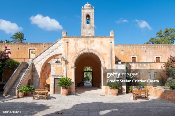 agia triada monastery bell tower, chania region, crete, greece - akrotiri stock-fotos und bilder