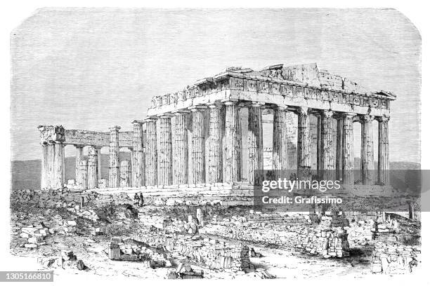 acropolis in athens greece 1862 - acropolis greece stock illustrations