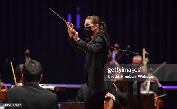 Bournemouth Symphony Orchestra dress rehearsal with conductor Marta Gardolińska on stage on March 03, 2021 in Poole, England. Marta Gardolińska...