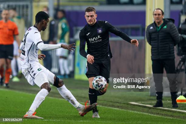Jean Marcelin of Cercle Brugge and Jacob Bruun Larsen of RSC Anderlecht during the Croky Cup match between RSC Anderlecht and Cercle Brugge KSV at...