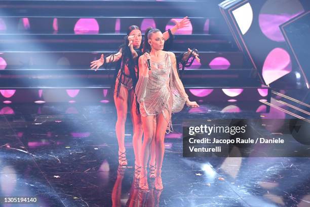 Elodie is seen on stage at the 71th Sanremo Music Festival 2021 at Teatro Ariston on March 03, 2021 in Sanremo, Italy.