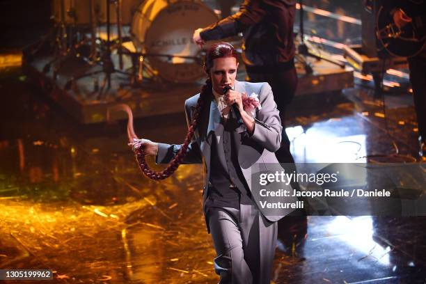 Achille Lauro is seen on stage at the 71th Sanremo Music Festival 2021 at Teatro Ariston on March 03, 2021 in Sanremo, Italy.