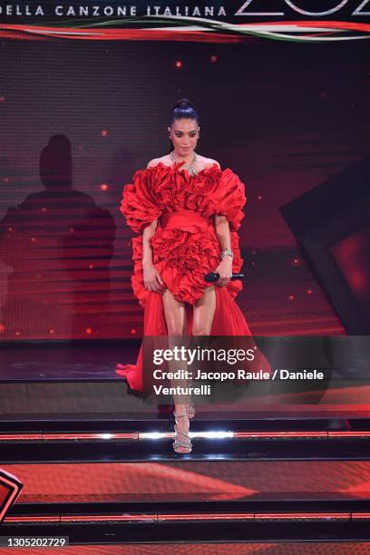 Elodie is seen on stage at the 71th Sanremo Music Festival 2021 at Teatro Ariston on March 03, 2021 in Sanremo, Italy.