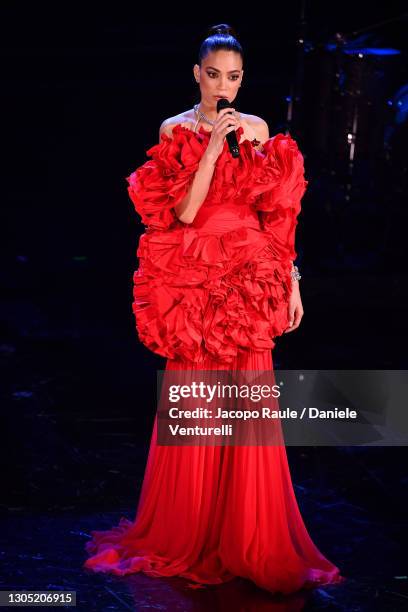 Elodie is seen on stage at the 71th Sanremo Music Festival 2021 at Teatro Ariston on March 03, 2021 in Sanremo, Italy.