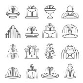 Fountain types thin line icons set isolated on white. Architecture pouring water pictograms.