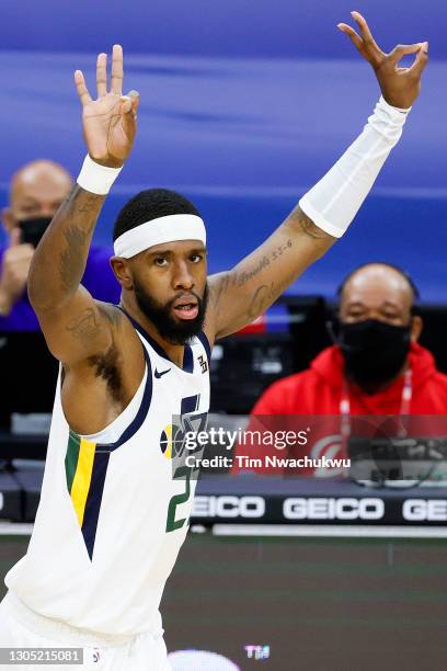 Royce O'Neale of the Utah Jazz celebrates a three point basket during the second quarter against the Philadelphia 76ers at Wells Fargo Center on...