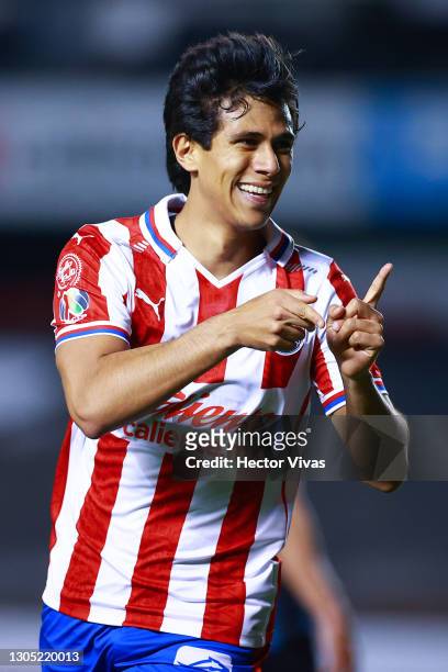 Jose Juan Macias of Chivas celebrates after scoring the first goal of his team during the 9th round match between Queretaro and Chivas as part of the...