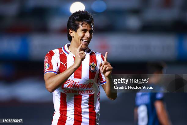 Jose Juan Macias of Chivas celebrates after scoring the first goal of his team during the 9th round match between Queretaro and Chivas as part of the...