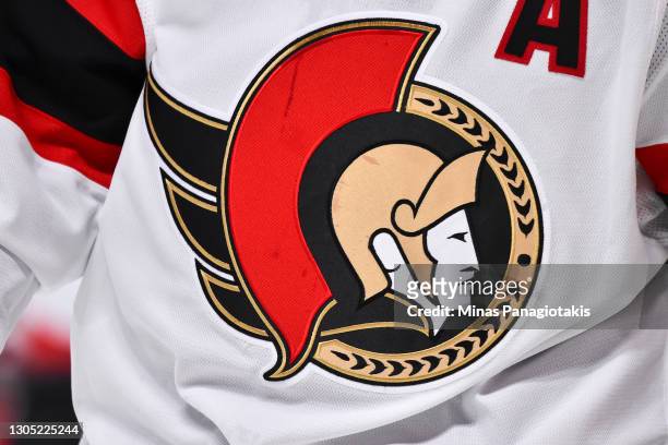 Close-up detail of the Ottawa Senators logo seen during the second period against the Montreal Canadiens at the Bell Centre on March 2, 2021 in...