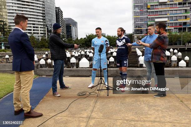 Melbourne City player Jamie Maclaren and Melbourne Victory player Jacob Butterworth talk to the media during an A-League media opportunity at the...