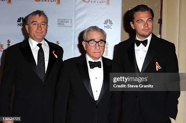 Actor Robert De Niro and director Martin Scorsese and actor Leonardo DiCaprio attends the 67th Annual Golden Globes Awards at The Beverly Hilton...