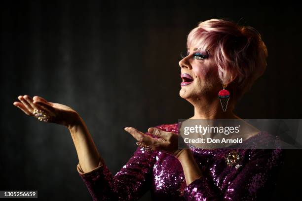 Australian Drag Industry Hall Of Fame recipient Verushka Darling poses downstairs at The Oxford Hotel on March 04, 2021 in Sydney, Australia. The...