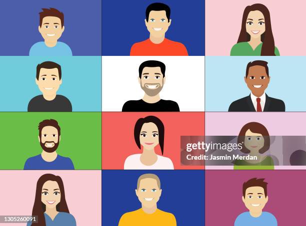 illustration of faces on video conference call screen - student flat stock pictures, royalty-free photos & images