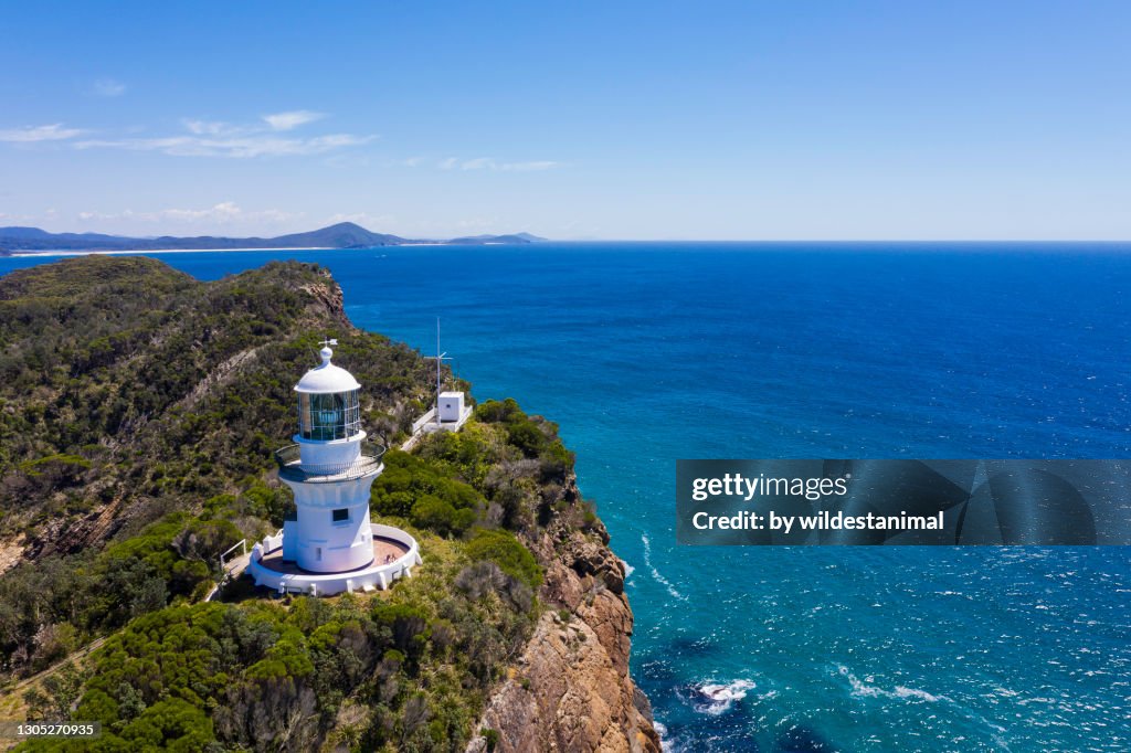 Aerial View of Sugarloaf Point Lighthouse, Seal Rocks, NSW, Australia.