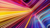3d render, abstract background with colorful spectrum. Bright pink yellow neon rays and glowing lines.