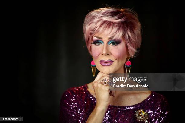 Australian Drag Industry Hall Of Fame recipient Verushka Darling poses downstairs at The Oxford Hotel on March 04, 2021 in Sydney, Australia. The...
