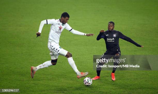 Jean Harisson Marcelin of Cercle battles for the ball with Abdoulay Diaby of Anderlecht during the Croky Cup 1/4 Final match between RSC Anderlecht...