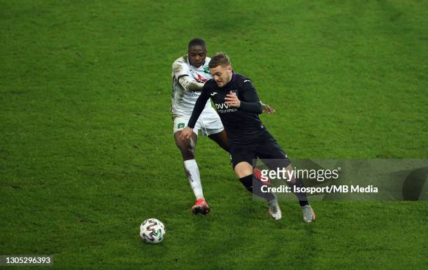 Jacob Bruun Larsen of Anderlecht battles for the ball with Jean Harisson Marcelin of Cercle during the Croky Cup 1/4 Final match between RSC...