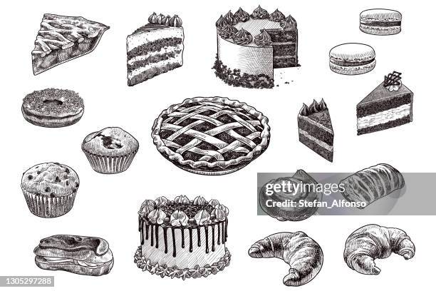 stockillustraties, clipart, cartoons en iconen met reeks tekeningen van gebakproducten - gravure gefabriceerd object