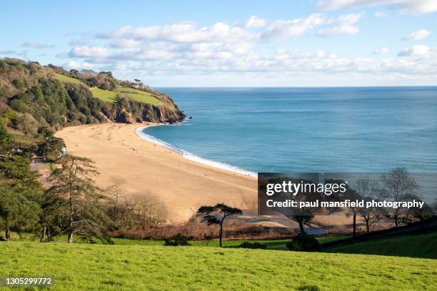 elevated view of blackpool sands beach, south devon - blackpool sands stock pictures, royalty-free photos & images
