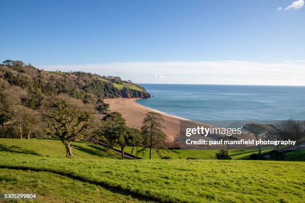 elevated view of blackpool sands beach, south devon - blackpool sands stock pictures, royalty-free photos & images