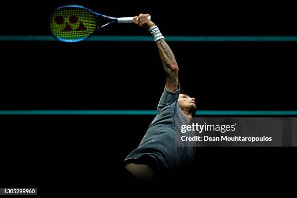 Alexander Bublik of Kazakhstan serves in his match against Tommy Paul of USA during Day 4 of the 48th ABN AMRO World Tennis Tournament at Ahoy on...