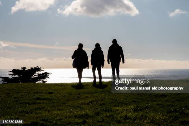 silhouette of three people walking over hill - familie anonym stock-fotos und bilder