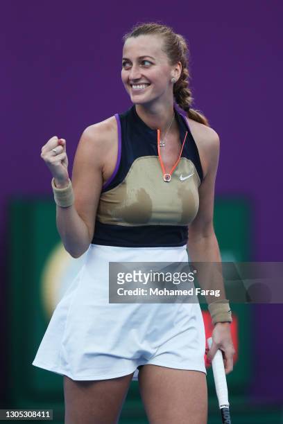 Petra Kvitova of The Czech Republic celebrates victory after winning her Quarter-Final singles match against Anett Kontaveit of Estonia during Day...