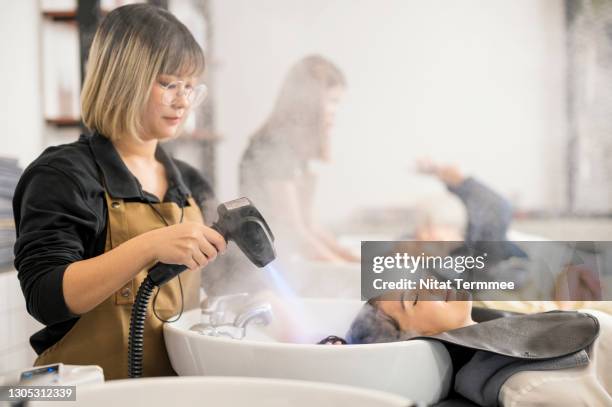 woman relaxing and enjoying a hair treatment at a beauty salon. hairdresser using nano hair steam gun, hair face spray water, moisturizing  treatment to customer. - hair treatment stock-fotos und bilder