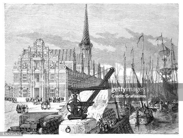 stockillustraties, clipart, cartoons en iconen met oud beursgebouw in kopenhagen denemarken 1862 - copenhagen