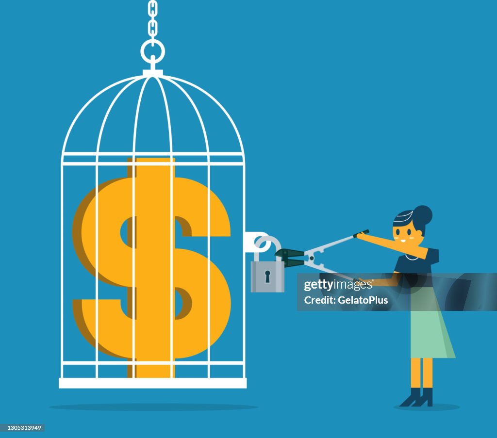 Dollar in large birdcage - Businesswoman