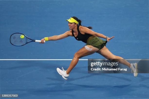 Jessica Pegula of The United States stretches to play a forehand in her Quarter-Final singles match against Karolina Pliskova of The Czech Republic...