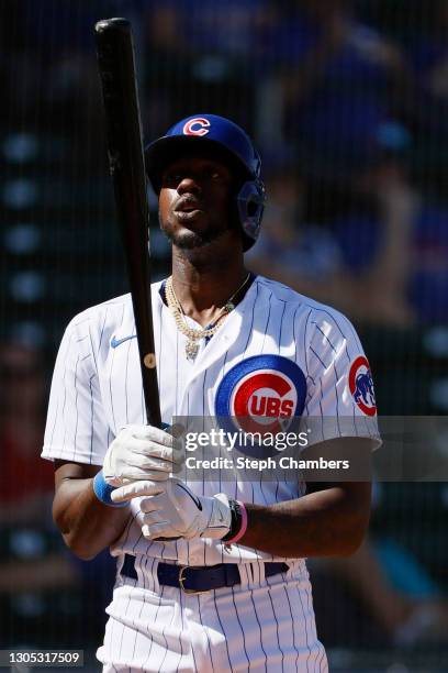 Cameron Maybin of the Chicago Cubs in action against the Seattle Mariners in the second inning on March 03, 2021 at Sloan Park in Mesa, Arizona.