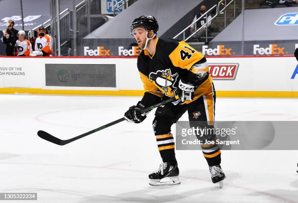 Josh Currie of the Pittsburgh Penguins skates against the Philadelphia Flyers at PPG PAINTS Arena on March 2, 2021 in Pittsburgh, Pennsylvania.